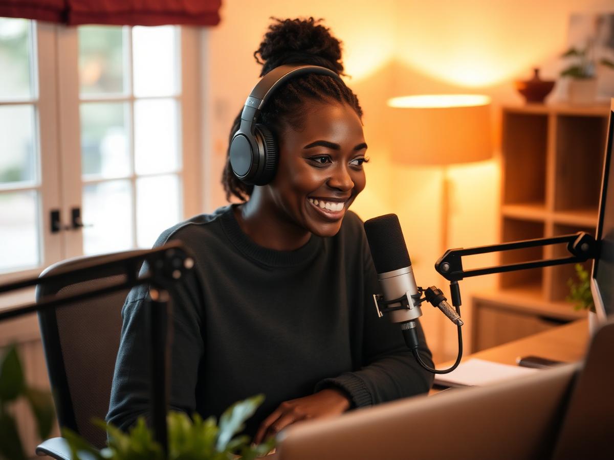 Podcast host speaking into a microphone in a warm home studio